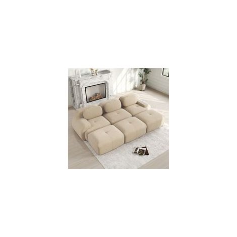 Neche Canapé 3 Places Modulable en tissu Velours Côtelé,Canapé-lit avec 3 Repose-pieds amovibles,32D Élastique,Base Anti-Dérapant,Beige