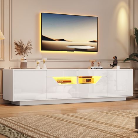 Mueble TV salón con LED cajones alto brillo blanco OKMYHOME (1/5)