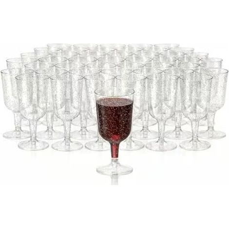 Lot de 48 verres à vin multifonctionnels en plastique transparent Matana, 180 ml, paillettes argentées, parfaits pour un anniversaire de mariage ou un barbecue au jardin. (1/5)
