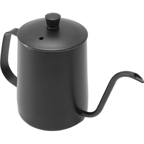 Kaffeekanne/Teekanne aus Edelstahl 304 mit langem, schmalem Ausguss und Schwanenhals zum manuellen Abgießen, 600 ml, schwarz, mit Deckel. (1/5)