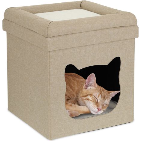 Relaxdays Cama Cueva Gato de Interior, Casa Gatito o Perro, 2 Pisos, Cuadrada, Plegable, 44x40x40 cm, Marrón y Blanco