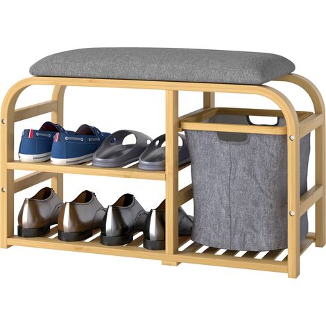 Banc à chaussures entrée 70 x 30 x 45 cm assise rembourrée rangement 4 paires panier coulissant moderne en bambou naturel (1/5)
