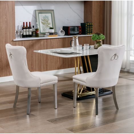 Stuhl Esszimmerstuhl Samt Beige gepolstert OKMYHOME (1/5)