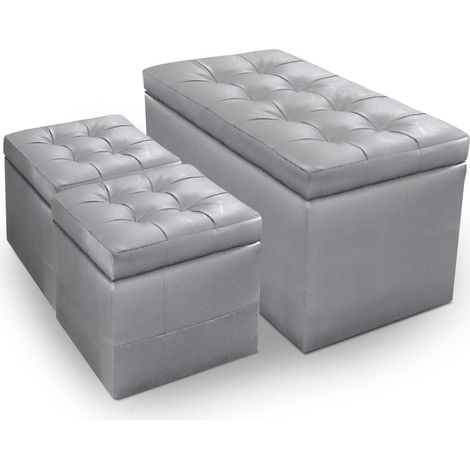 Banc Coffre Panky + 2 poufs Argent