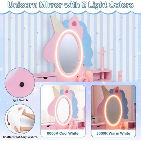 59 x 35 x 103,5 cm coiffeuse enfant licorne 2 en 1 avec miroir LED et chaise, bureau pour filles 3-6 ans (1/5)