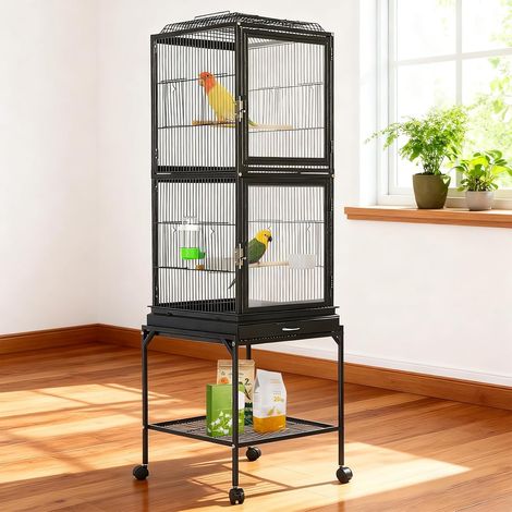 Cage à oiseaux en acrylique avec abreuvoir et 2 mangeoires à oiseaux en acrylique sur pied, plateau de fond et perchoir en bois, 46,5 x 45,5 x 146 cm (1/5)