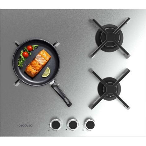Cecotec Placa de Gas 3 Fuegos Bolero Squad G 3400S Inox. 6.2kW, Acero Inoxidable, Parrillas Hierro Fundido, Quemador WOK Triple Corona, Encendido Electrónico, Seguridad en Válvulas, Accesorio de Gas