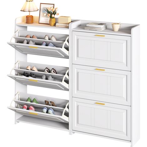 Scarpiera con 3 Ante a Ribalta e 1 Cassetto, Mobile da Ingresso in MDF e Pannello Truciolare, 70×24×120 cm Bianco (1/4)