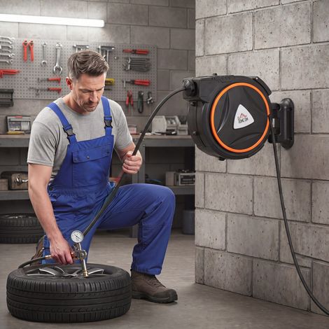 Tuyau pour compresseur d'air 20 m + raccord BSP 1/4'' de 2 m avec support mural rotatif à 180° noir (1/5)