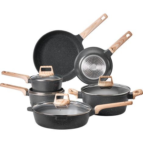 Mophorn Juego de utensilios de cocina antiadherentes de granito de 17 piezas, incluye tapas de vidrio templado y protectores para sartenes, adecuado para estufas, color negro (1/5)