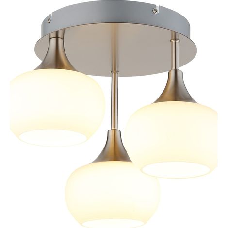 LED Deckenleuchte Wohnzimmerlampe Metall silber Nickel Glas opal 3-flammig D35cm (1/5)