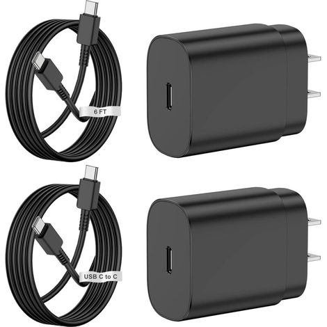 Chargeur Rapide 25W USB-C avec Câble 2 m Noir Prise EU, Lot de 2 Kits pour Samsung Galaxy S22 S21 Note 20 (1/4)