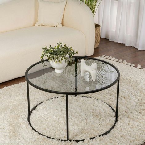 Table basse ronde verre fumé – cadre noir ⌀80 cm TULUM (1/5)