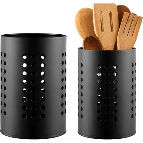 Porte-ustensiles de cuisine, 2 porte-couverts en acier inoxydable Panier à couverts pour organiser les ustensiles de cuisine Rangement pot ustensile, Noir (1/5)