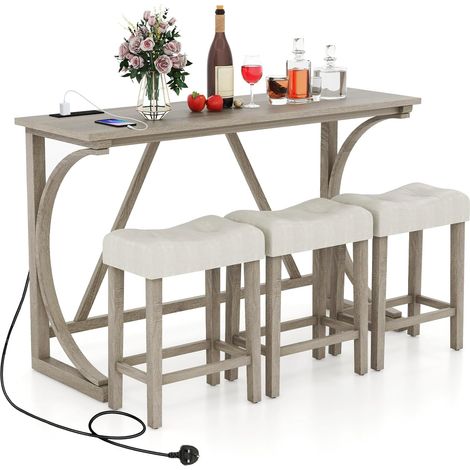 COSTWAY 4-Piece Height Bistro Table and Saddle Seat Stools with Power Outlet (1/5)