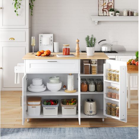 Îlot de cuisine mobile pliable 132,5 x 44(70) x 90 cm MDF blanc et naturel DESVIAE (1/5)