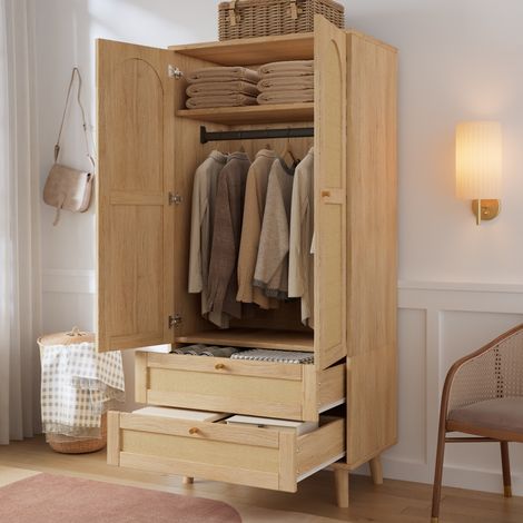 Armario ropero 80x50x180 cm de MDF efecto madera natural, 2 cajones - CHICFURN (1/5)