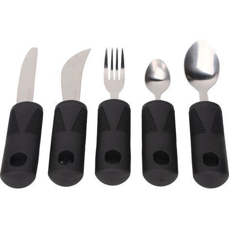 5 pièces couverts adaptés seniors, manche caoutchouc noir, acier inoxydable, pour tremblements et arthrite (1/5)