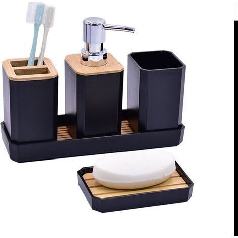 5-teiliges Badezimmer-Accessoire-Set aus Bambus mit Lotionflaschen, Zahnbürstenhalter, Zahnbürstenbecher, Seifenschale und Tablett (Schwarz) (1/4)