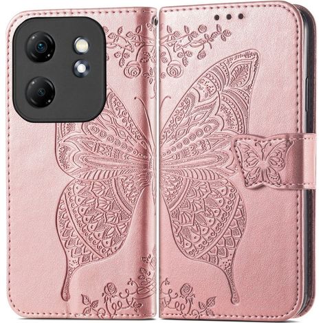 Funda tipo libro para Infinix Hot 50i 4G, diseño de mariposa, color oro rosa. (1/5)