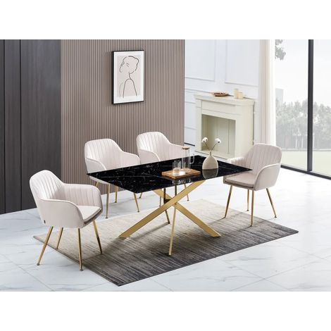 Homy France – Table de salle à manger rectangle 150x90cm – Verre trempé effet marbré – Structure en inox doré – 4 à 6 couverts – Patins réglables