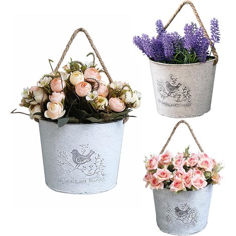 Confezione da 3 cesti di fiori sospesi - Fioriere da parete zincate per decorazioni in stile fattoria, fioriere semi-rotonde per decorazioni da parete per interni ed esterni (1/5)