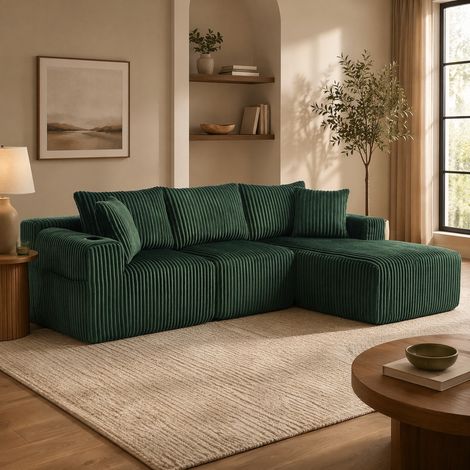 Divano modulare verde in velluto a coste, con chaise longue, 2 posti, 5 cuscini e portabicchieri (1/5)