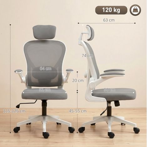 Chaise de bureau ergonomique avec accoudoirs relevables et soutien lombaire réglable gris (1/5)