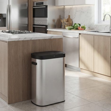 Poubelle Automatique 50 L, Couvercle à Fermeture Douce, Acier Inoxydable, Argent Métallique et Noir (1/5)
