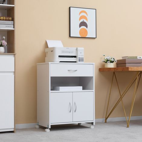 Mobile Porta Stampante con Cassetto e Armadietto, Mobiletto Basso Multiuso in Legno con 4 Ruote, 60x39x80cm, Bianco (1/5)