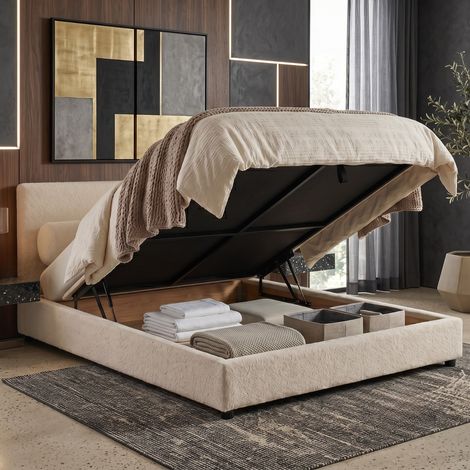 Lit coffre 90x190 cm bouclette sable avec tête de lit (1/5)