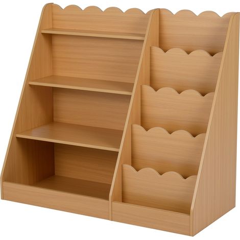 Libreria per bambini con 4 ripiani e vano portaoggetti nascosto, in legno.