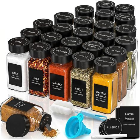 Lot de 24 Bocaux Rectangulaires Pour Épices (120 ml) – Organisateur Complet Pour Épices Avec Couvercle, Insert Pour Saupoudrer, Entonnoir, Tamis Et 340 Étiquettes (1/5)
