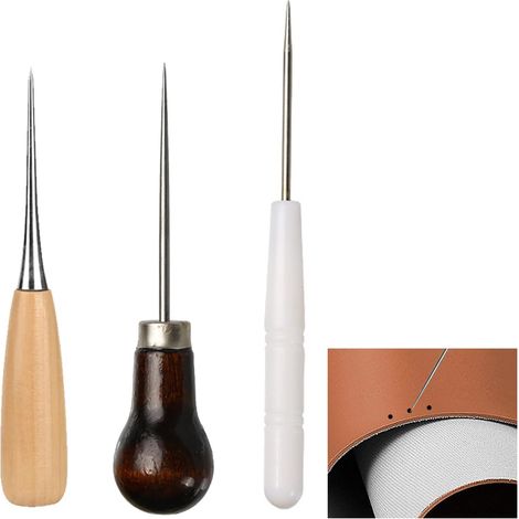3 Pièces Alènes Manche Bois, Alène en Cuir, Poinçon à PoignéE En Bois, Machine À Coudre En Cuir Ronde À Manche En Bois - Outil de Couture en Cuir pour Artisanat DIY et Réparations