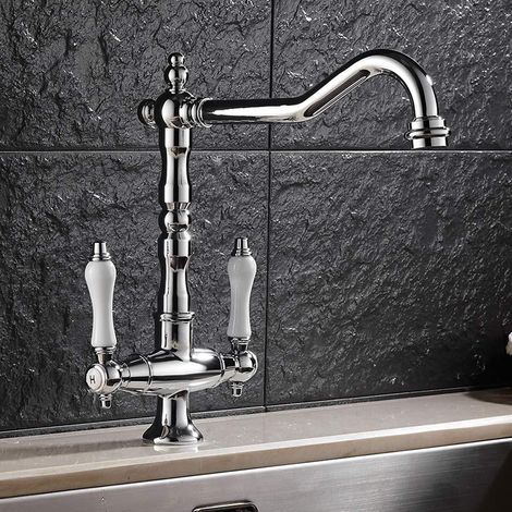 Grifo Mezclador Cocina de Latón Antiguo Grifo de Lavabo de Manija Doble Giratorio de 360° Agua Fría y Caliente Cromo