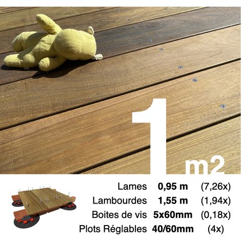 Terrasseenbois.Fr – Kit complet terrasse bois exotique IPE 1 m² – Lames 0,95 m – Lambourdes 1,55 m – Plots réglables – Visserie Inox pour installation durable