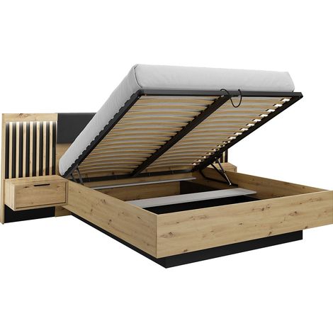 Lit coffre avec chevets 160 x 200 cm - Avec LEDs - Coloris : Naturel et noir - ARIADA