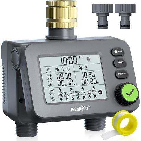 RAINPOINT: Ordenador de riego de 2 salidas con entrada de latón, temporizador de jardín programable con retardo por lluvia, sistema de riego digital automático y resistencia al agua IP54. (1/5)