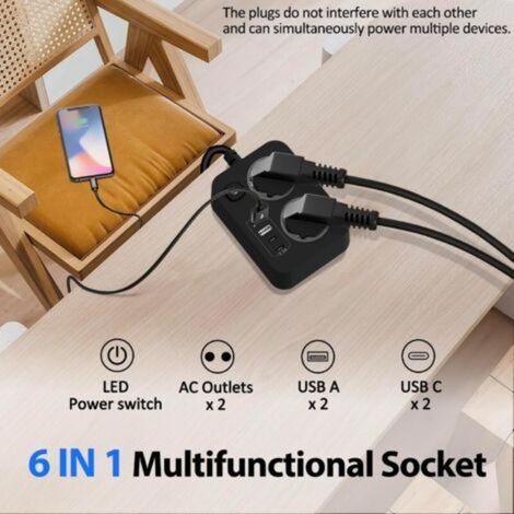 Multiprise 2 Prises avec USB, Rallonge Electrique Multiprise Plate Murale avec Interrupteur, Portable Bloc Prise Multiple avec Protection Surtension et Cable 1.8m pour Bureau Maison Voyage, Noir