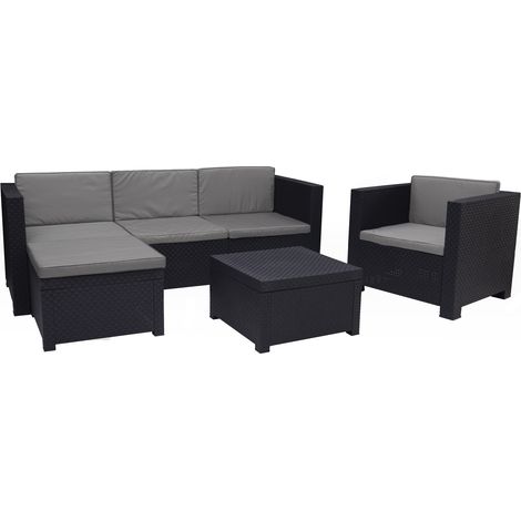 Pegane – Salon de jardin extérieur 5 places en résine tressée recyclée – 1 fauteuil + 1 canapé d’angle modulable + 1 table basse – Résistant aux intempéries