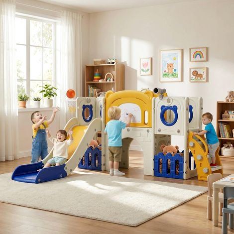 10 en 1 Toboggan pour Enfant Panier de Basket et Télescope, Stockage et Tunnel,Aire de Jeux Intérieure et Extérieure,Jaune