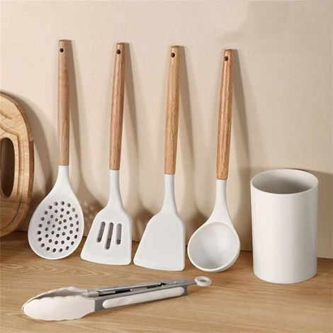 Ensemble d'ustensiles de cuisine en silicone - - - Manche bois ergonomique - Résistant à la chaleur - Antidérapant (1/5)
