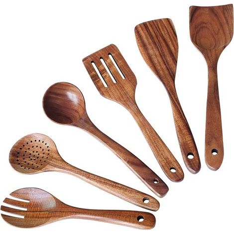 pièces d'ustensiles de cuisine en bois - Ensemble d'outils de cuisine en bois pour poêles antiadhésives, spatules en bois, fourchettes, spatules, louches, cuillères passoire (1/5)