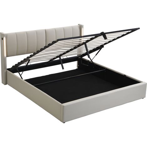 Lit rembourré LED 140 x 190 cm avec rangement, USB et tête de lit réglable, PU gris (1/5)