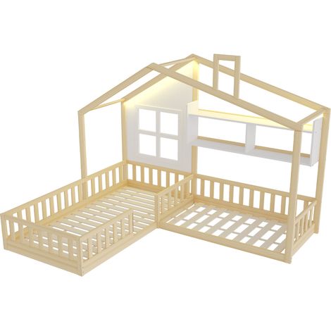 Letto a casetta per bambini 90x200 cm con mensole, LED e barriera di sicurezza, MODENUIT (1/5)