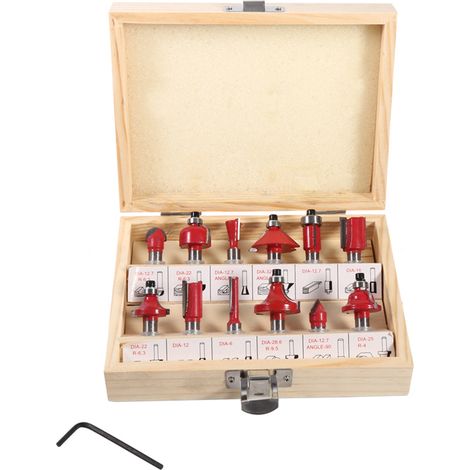 Coffret de 12 fraises à bois en carbure cémenté, queue de 8 mm, dans un coffret en bois. (1/5)