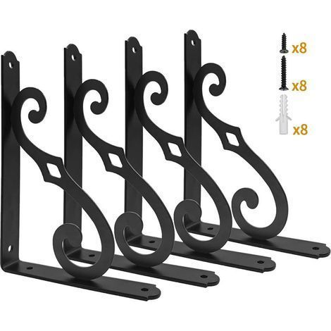 Lot de 4 supports d'étagères murales en métal noir 5 pouces en forme de L avec vis (1/5)