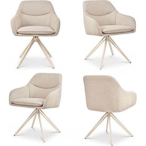 Bon Furni Tela Silla de comedor Beige con patas blancas, Set de 4, giratoria 360°, acolchada gruesa, ergonómica con reposabrazos
