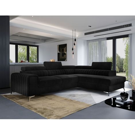 Ecksofa mit Schlaffunktion Sofa ELENI Stoff Matt Velvet Schwarz Ottomane Rechts (1/4)