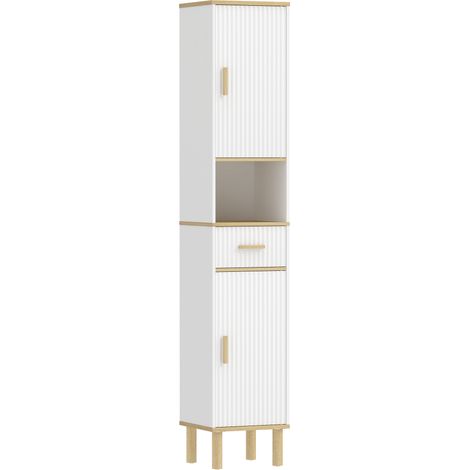 Mobile a Colonna Bagno Canettato 31,5x29,7x171,5 cm con Cassetto e Ripiani Regolabili in Legno Bianco (1/5)